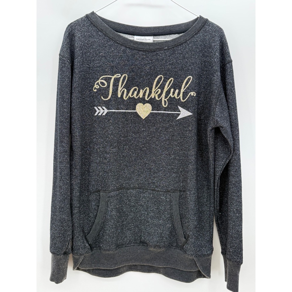 J America Women's Sweatshirt Medium Gray Sparkle Thankful Graphic Pocket
